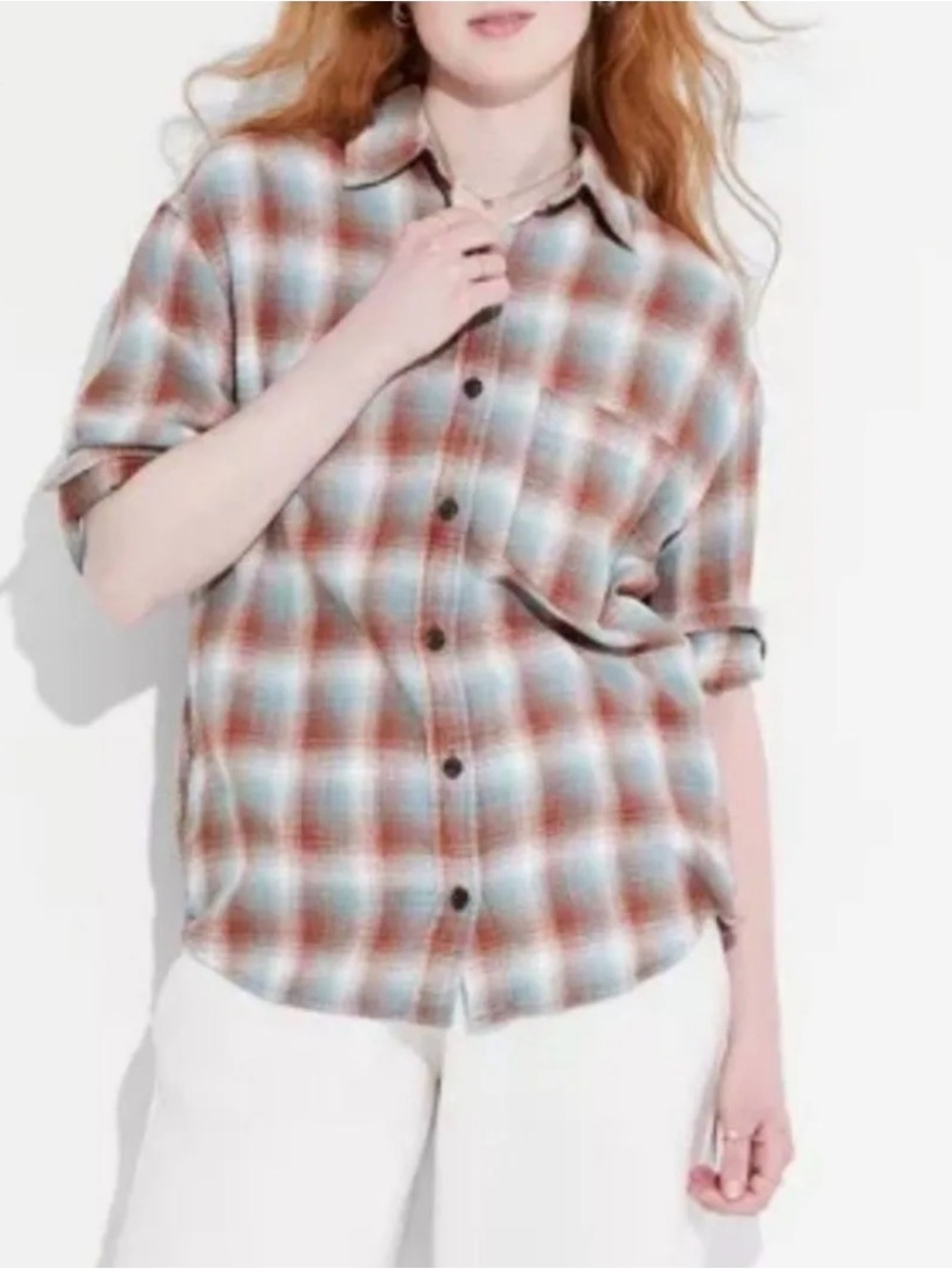 Wild Fable Long Sleeve Plaid Flannel, Red & Blue-Gray, Oversized Style, Size S